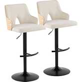 Stella Adjustable Swivel Bar Stool in Black Metal, Natural Wood & Cream Fabric (Set of 2)